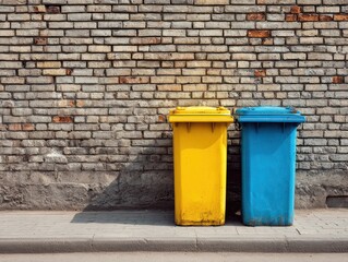 two contrasting recycling bins one yellow and one blue are placed side by side on a clean urban sidewalk next to a textured brick wall