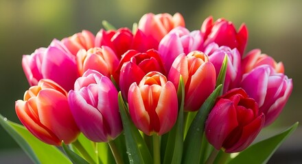 Fototapeta premium Vibrant pink and orange tulips in full bloom with green leaves