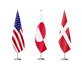 Three cone shaped national flags on poles featuring Greenland, Denmark, United States, isolated on a transparent background © gladder