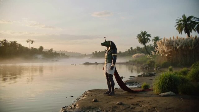 Egyptian crocodile deity Sobek standing on riverbank during sunrise. Mythological figure with green scales and golden jewelry in misty landscape. Panning wide shot.