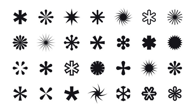 asterisks and stars icons, geometric abstract shapes set isolated on white, vector design