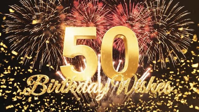 Golden 50th Birthday Wishes Animated Text with Fireworks and Confetti Celebration Background
