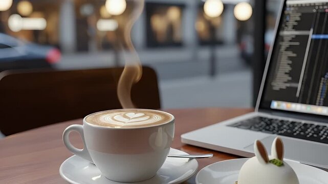 Easter Day Outdoor Cafe Scene with a Laptop, Steaming Coffee, and a Small Cake on a Table against a Blurred City Street Background