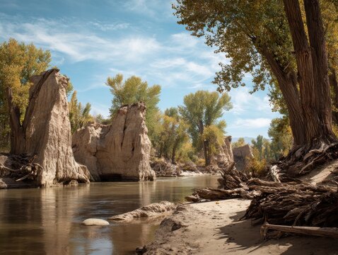 a serene riverside landscape with ancient fossilized trees visible in the rock formations along the banks