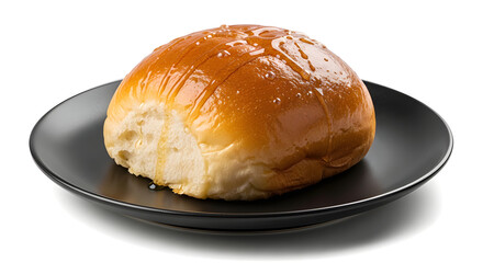 Glossy honey glazed bun styled on dark plate with refined indoor bakery lighting. Isolated on White background