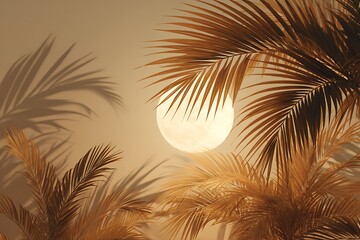 Fototapeta premium Golden moonlight shining through palm trees in tropical paradise