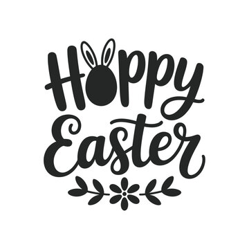 A playful hoppy easter hand lettered typography design with rabbit and floral elements