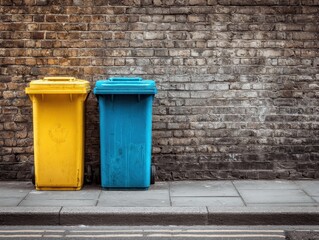 two contrasting recycling bins one yellow and one blue are placed side by side on a clean urban sidewalk next to a textured brick wall