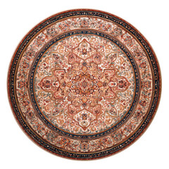 Naklejka premium A round decorative rug with a central medallion, an ornate patterned border, dense ornamental motifs, and a symmetrical layout isolated on transparent background.