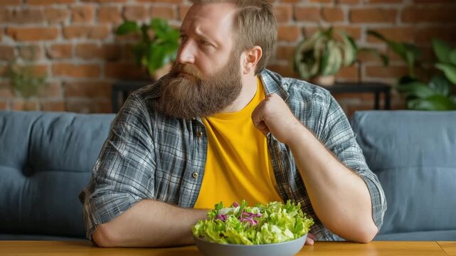 A obese, overweight man thinks about his food, health, and salad. He weighs quantities and nutrients on a couch at home.