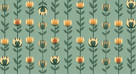 A seamless vertical striped pattern of stylized retro flowers in yellow and orange tones on a muted green background design.