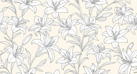 Fototapeta premium An elegant seamless floral pattern of white lily flowers in a delicate black and white line art style on a beige background.