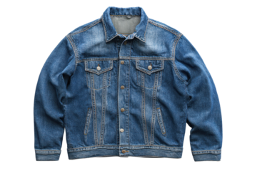 A classic blue denim jacket with a collar, button placket, chest pockets, visible seam stitching, realistic fabric folds, and a slight shadow under the sleeves isolated on transparent background.