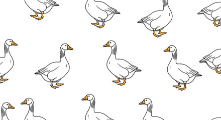 Obraz premium A cute and minimalist seamless pattern of white cartoon geese standing in profile on a plain white background for textiles.