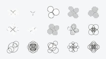 Set of complex abstract geometric elements composed of overlapping circles line art vector
