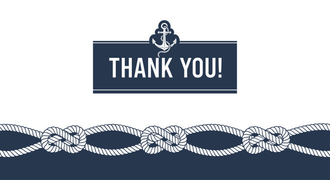 A nautical themed thank you card with a rope border and an anchor symbol on a simple white and navy blue background.