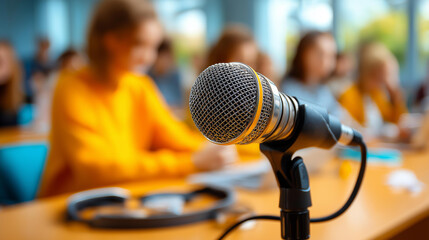 Community college journalism students at microphone in classroom, faceless learners, educational media training, broadcasting practice, student journalism, defocused classroom, with copy