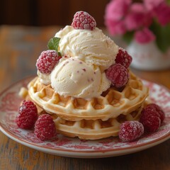 Plate with waffles and ice cream scoops