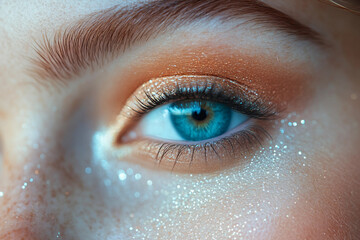 Fototapeta premium Generative AI image of fashion model with glowing neon makeup showing futuristic beauty cosmetics and closeup visage trends in modern style