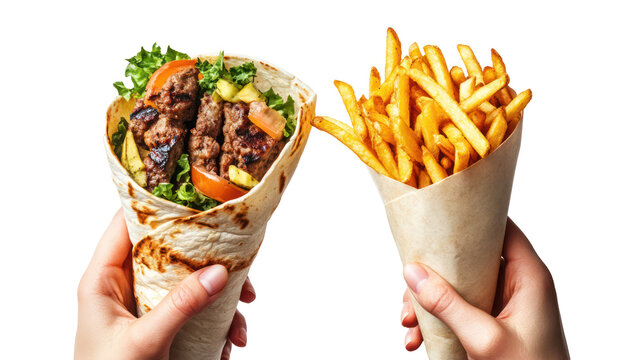 Delicious beef wrap and french fries on transparent background