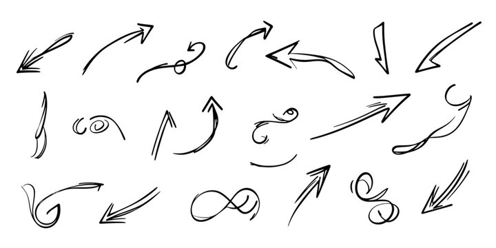 Set of hand drawn black arrow sketches with swirls curls and simple line style for direction design and creative flow elements vector illustration