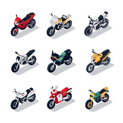Isometric Vector Set of Nine Different Modern and Retro Motorcycles with Various Designs and Colors on White Background