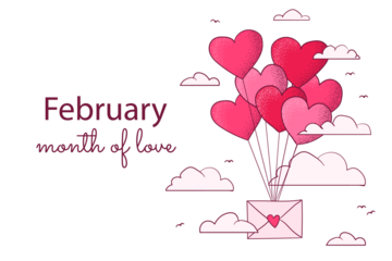 February month of love with heart balloons and envelope, isolated on transparent background