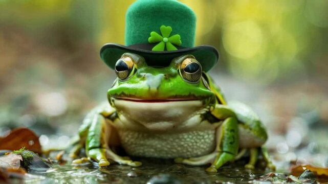 A green frog wearing a stylish hat with clover creates a funny contrast, an excellent background for festive cards or humorous posts.
