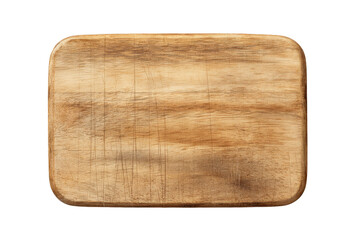 A rectangular wooden cutting board with rounded corners, visible wood grain, light knife marks, and a subtle shadow isolated on transparent background.