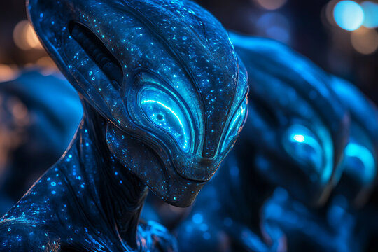 Generative AI portrait of glowing blue alien humanoid with textured skin and cosmic eyes in a futuristic sci fi atmosphere