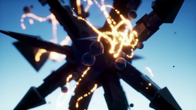 An extreme macro video reveals a delicate, glowing particle on a luminous sky blue to white gradient, expanding into an intricate network then forming a powerful geometric vector. Concept of