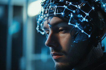 Portrait of Young Man Wearing Futuristic Brain Interface Device Representing Digital Innovation, Generative AI Concept