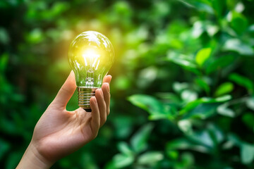 Eco-Friendly Energy Concept with Glowing Light Bulb and Green Nature Background Created by Generative AI