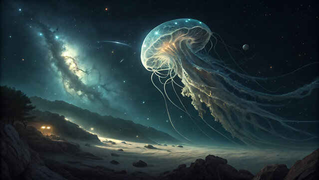 Glowing cosmic jellyfish entity floating over mystical mountain night sky stars