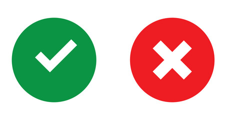 Obraz premium Right and wrong vector icon set rounded color black outline, flat rounded check mark, cross, x mark, circle shape thin line tick mark symbol. Approval and rejection signs isolated on white background