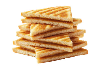 Fototapeta premium A neat stack of toasted sandwich triangles with golden crisp bread texture, visible layered fillings, and a tidy café finger sandwich arrangement isolated on transparent background.