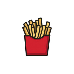 A simplified flat icon of a red fries carton filled with golden French fries, crisp straight fry shapes with subtle color variation, clean outline, and minimal shading isolated on transparent backgrou
