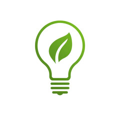 A green leaf inside a light bulb icon with a clean glass bulb outline, soft highlights and crisp edges forming an eco idea symbol isolated on transparent background.