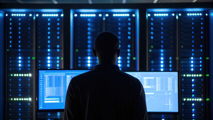 Rear view photograph of data analyst looking at multiple computer screens with data and graphs in dark server room with blue lights