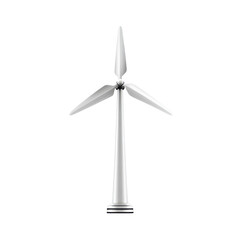 A white wind turbine icon with three blades and a slim tower, clean silhouette with minimal shading and crisp edges centered isolated on transparent background.