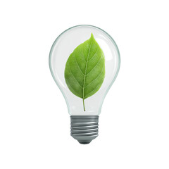 A green leaf inside a light bulb icon with a clean glass bulb outline, soft highlights and crisp edges forming an eco idea symbol isolated on transparent background.