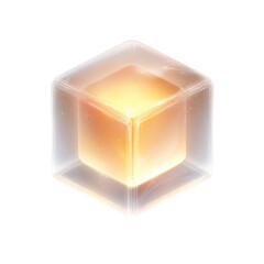 A translucent white cube lantern icon with an internal light effect, soft glowing edges and a subtle shadow beneath, clean centered shape isolated on transparent background.