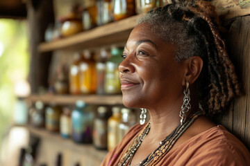 Generative AI portrait of a woman herbalist practicing traditional alternative medicine in natural apothecary