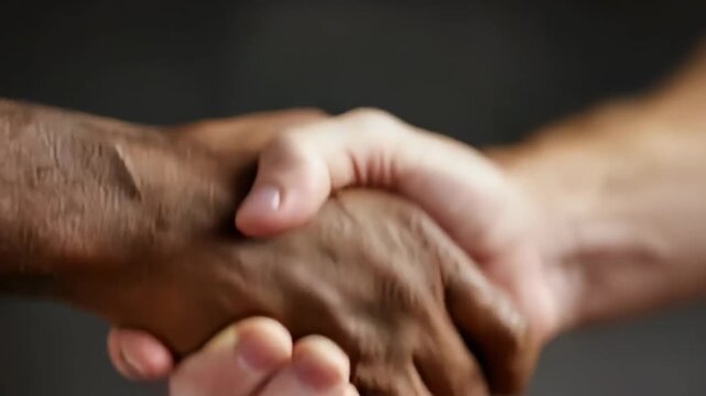 Diverse hands of different races clasping each other, symbolizing unity and solidarity among cultures.