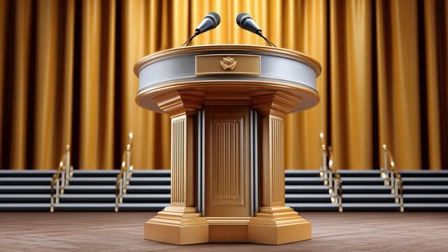 Podium of Promise: A meticulously crafted wooden podium stands poised, flanked by golden drapes. The microphones at the ready await to amplify every word, hinting at the significance of the event