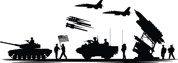 Military warfare silhouette vector illustration, soldiers tanks missiles jets and radar systems, modern army defense scene isolated background
