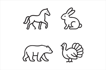 Fototapeta premium Simple line drawings of a horse rabbit bear and turkey
