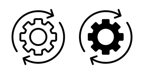 Business process and endurance icons featuring a gear with circular rotation arrows, synchronization and continuous improvement symbols for workflow automation and technical system updates
