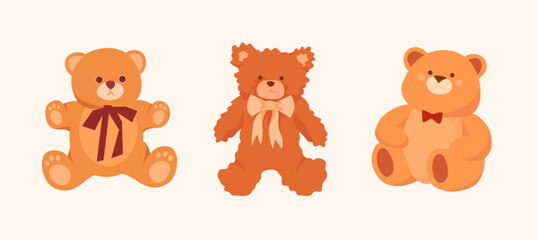 Obraz premium Collection of cute teddy bears with bow ties in warm pastel colours. Perfect for greeting cards, postcards, invitations, social media, stickers.