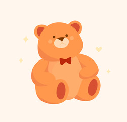 Fototapeta premium Cute illustration of a teddy bear with a brown bow tie in warm pastel colours. Perfect for greeting cards, postcards, invitations, social media.